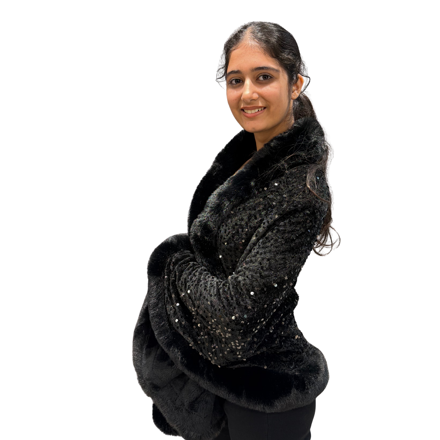 Luxury Blush Sequin Faux-Fur Cape Coat