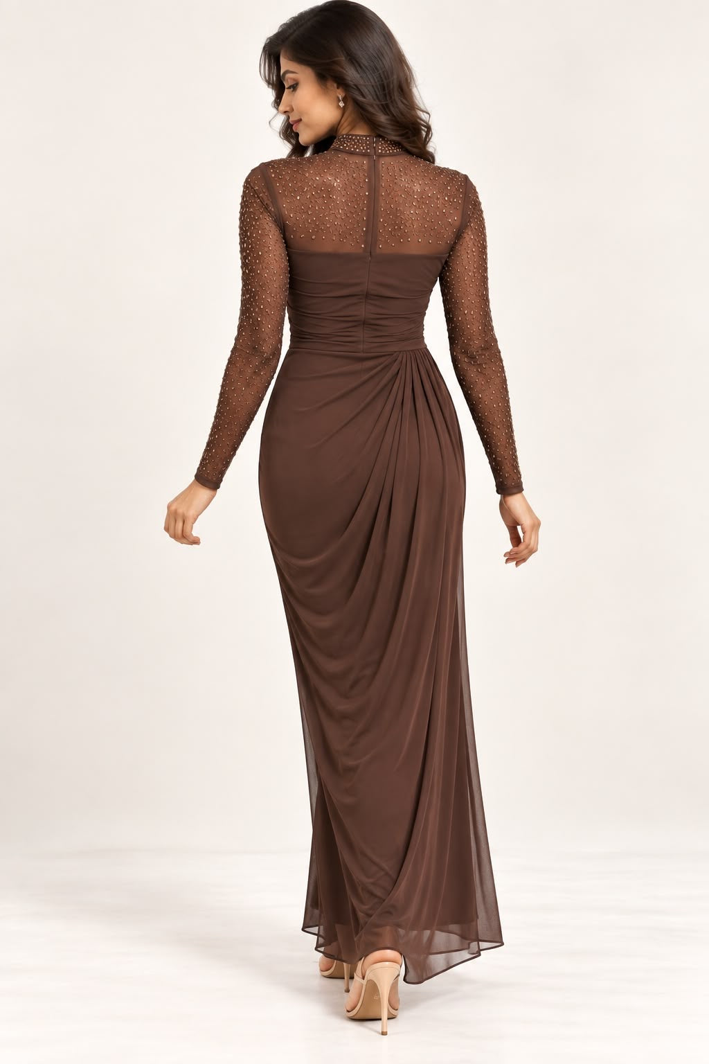 Brown Embellished Ruched Dress
