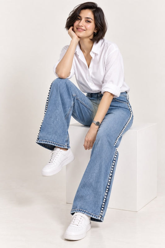 Blue Wide-Leg Embellished Jeans