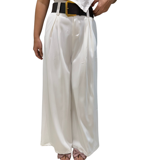 PureFlow Women’s High-Waist Pleated Wide-Leg Trousers – Classic White With Belt