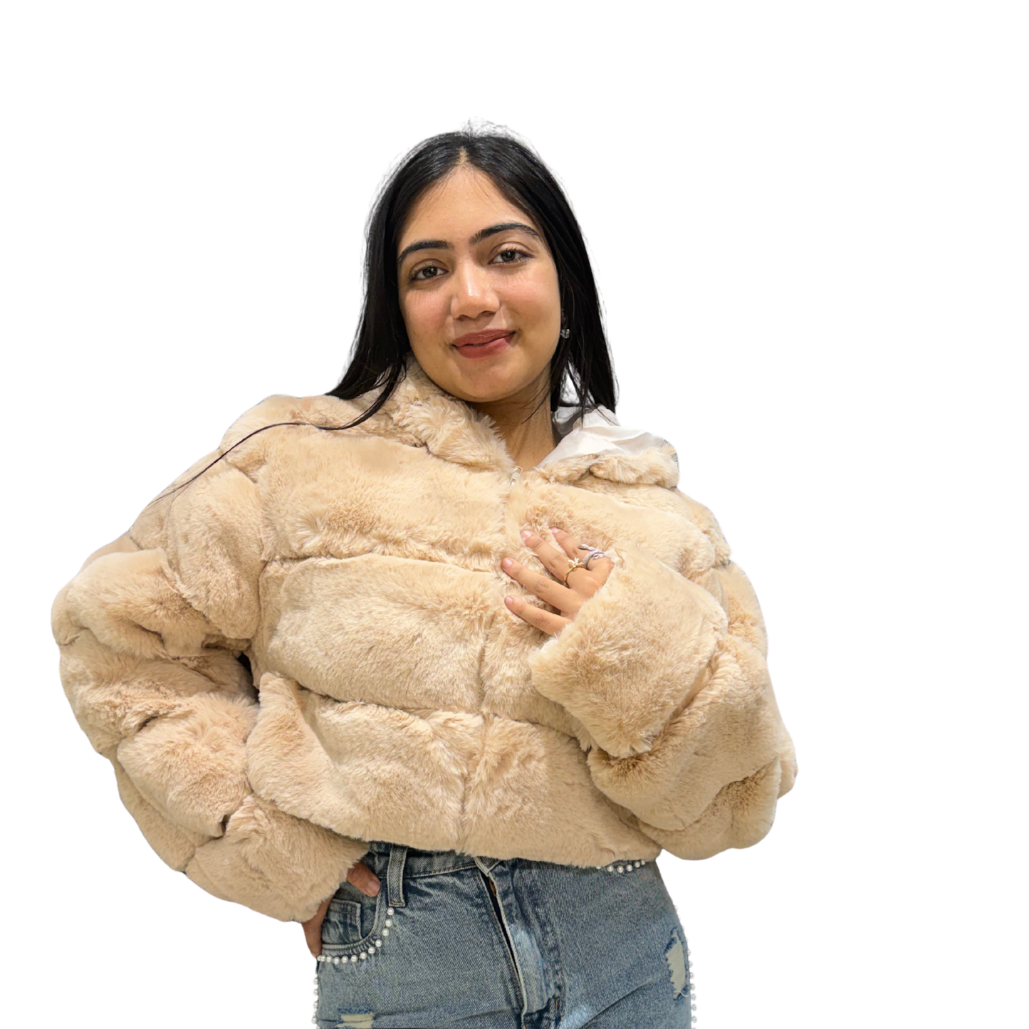 CloudSoft™ Women’s Plush Faux Fur Cropped Jacket – Warm Beige