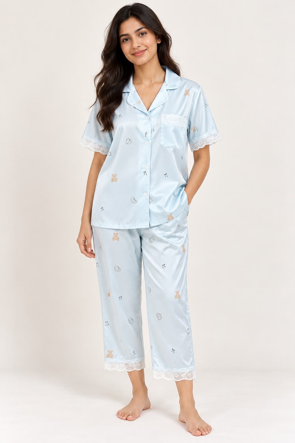 Baby Blue Satin Night Suit Set