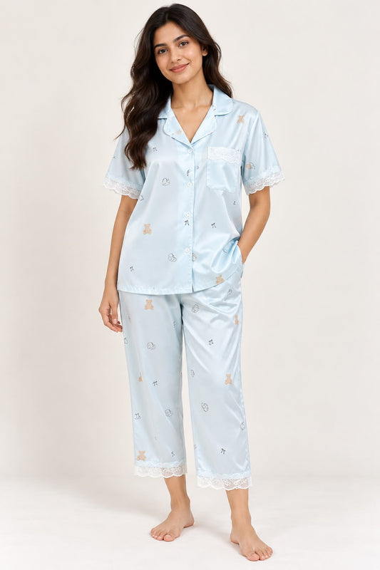 Baby Blue Satin Night Suit Set