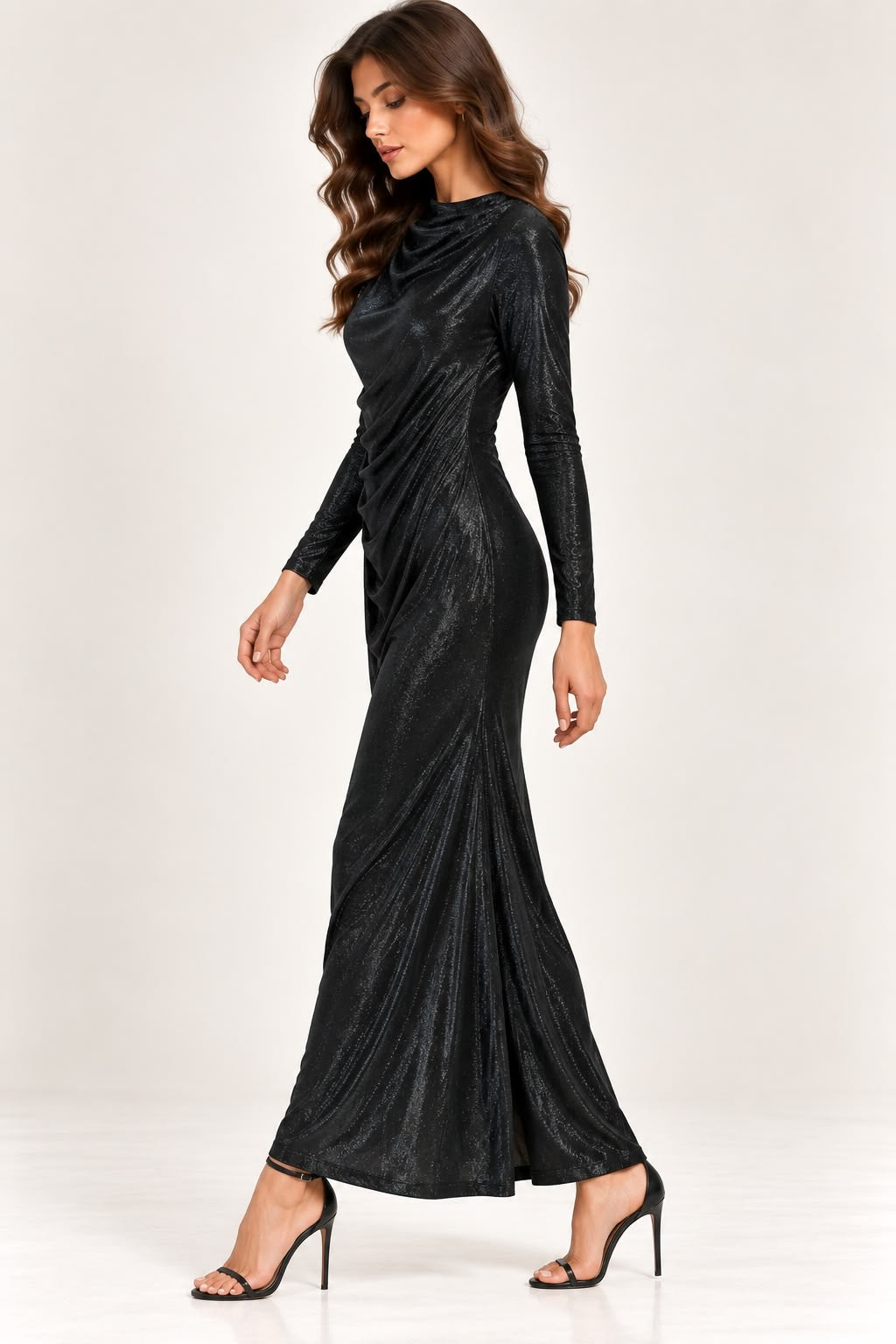 Black Shimmer Draped Maxi Dress
