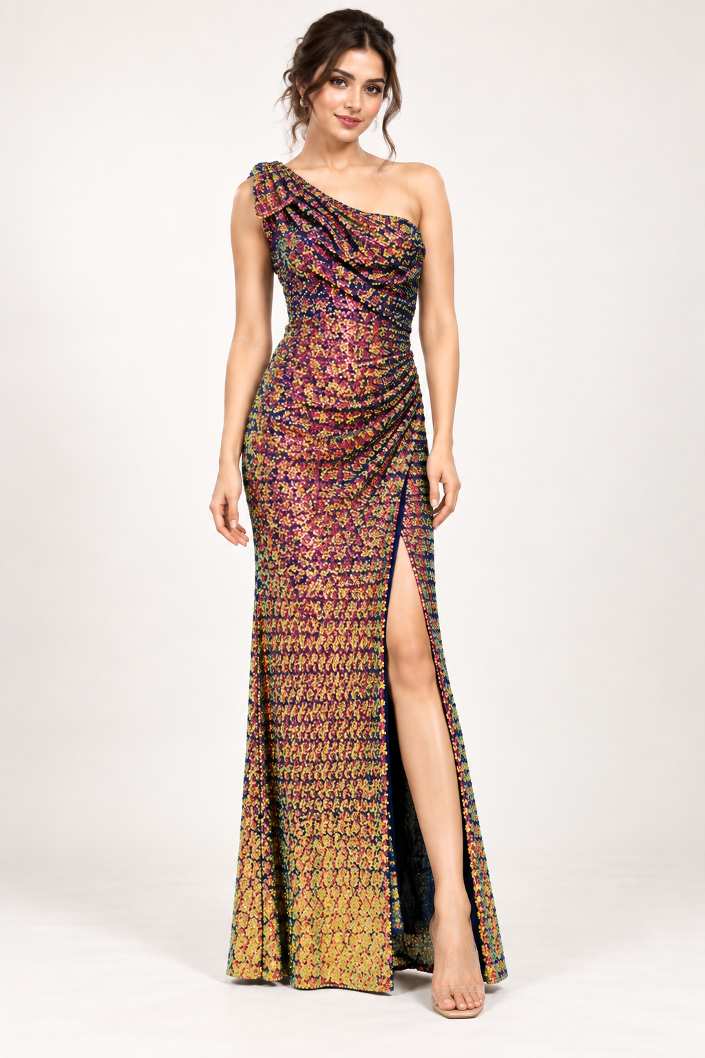 Multicolor Printed One-Shoulder Dress