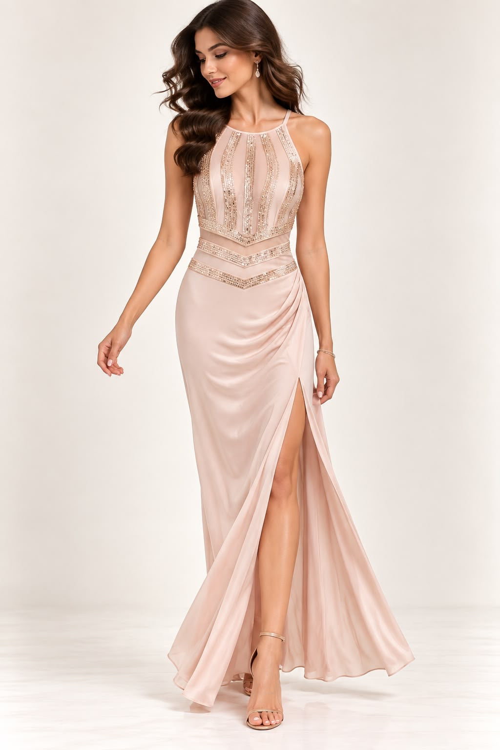 Blush Pink Embellished Slit Dress