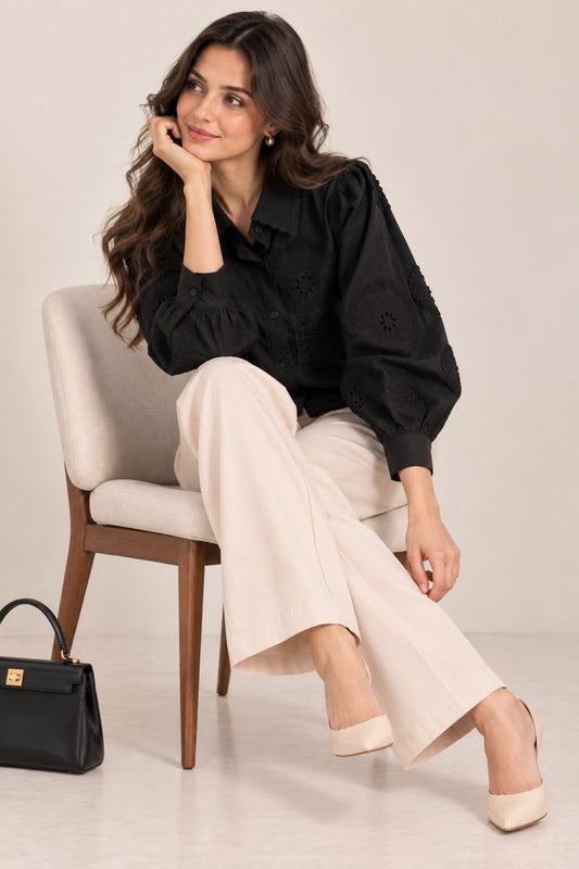 Black Embroidered Statement Collar Shirt - The Style Story