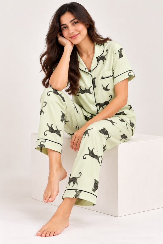 Light Green Printed Satin Night Suit Set