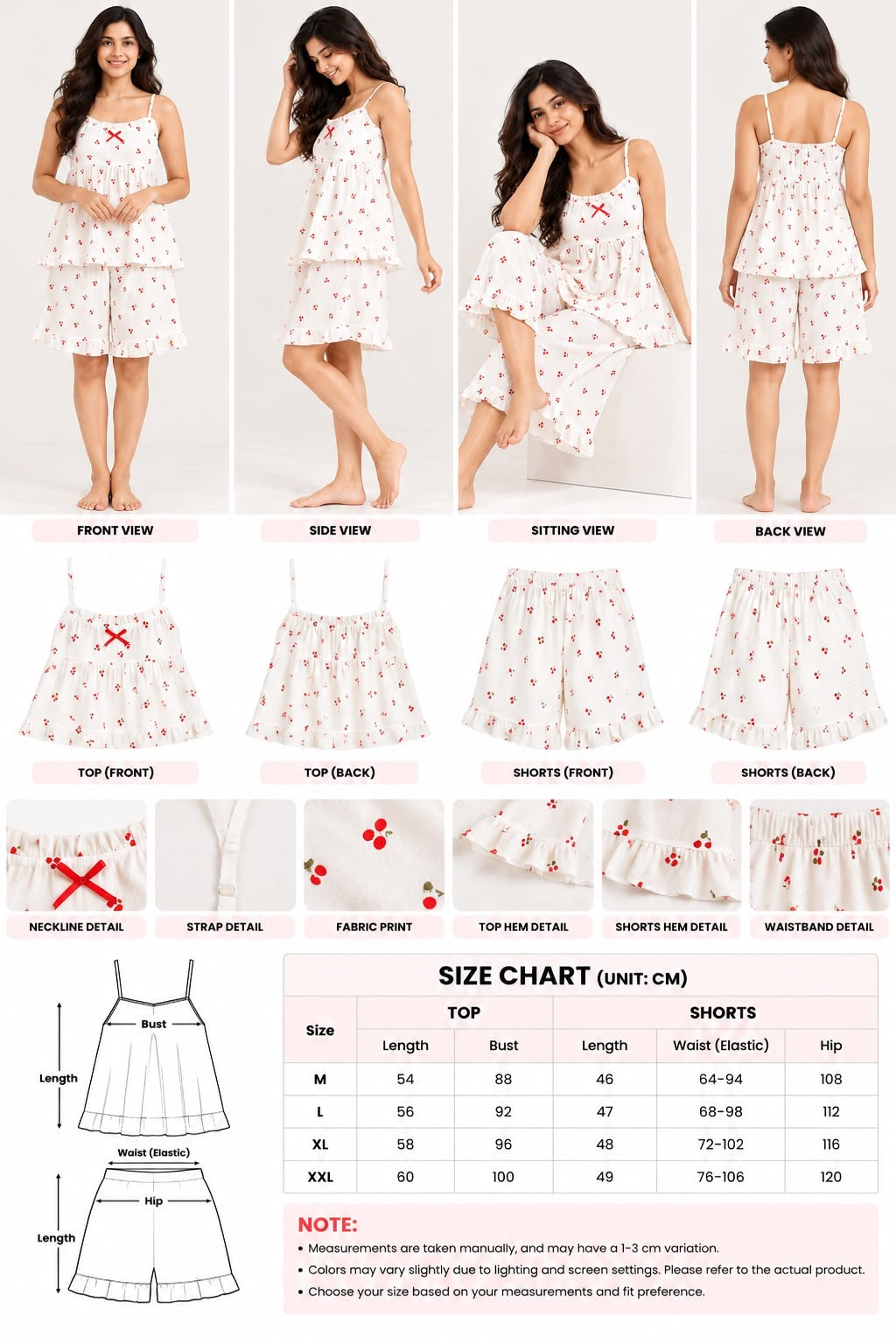 White Cherry Print Night Suit