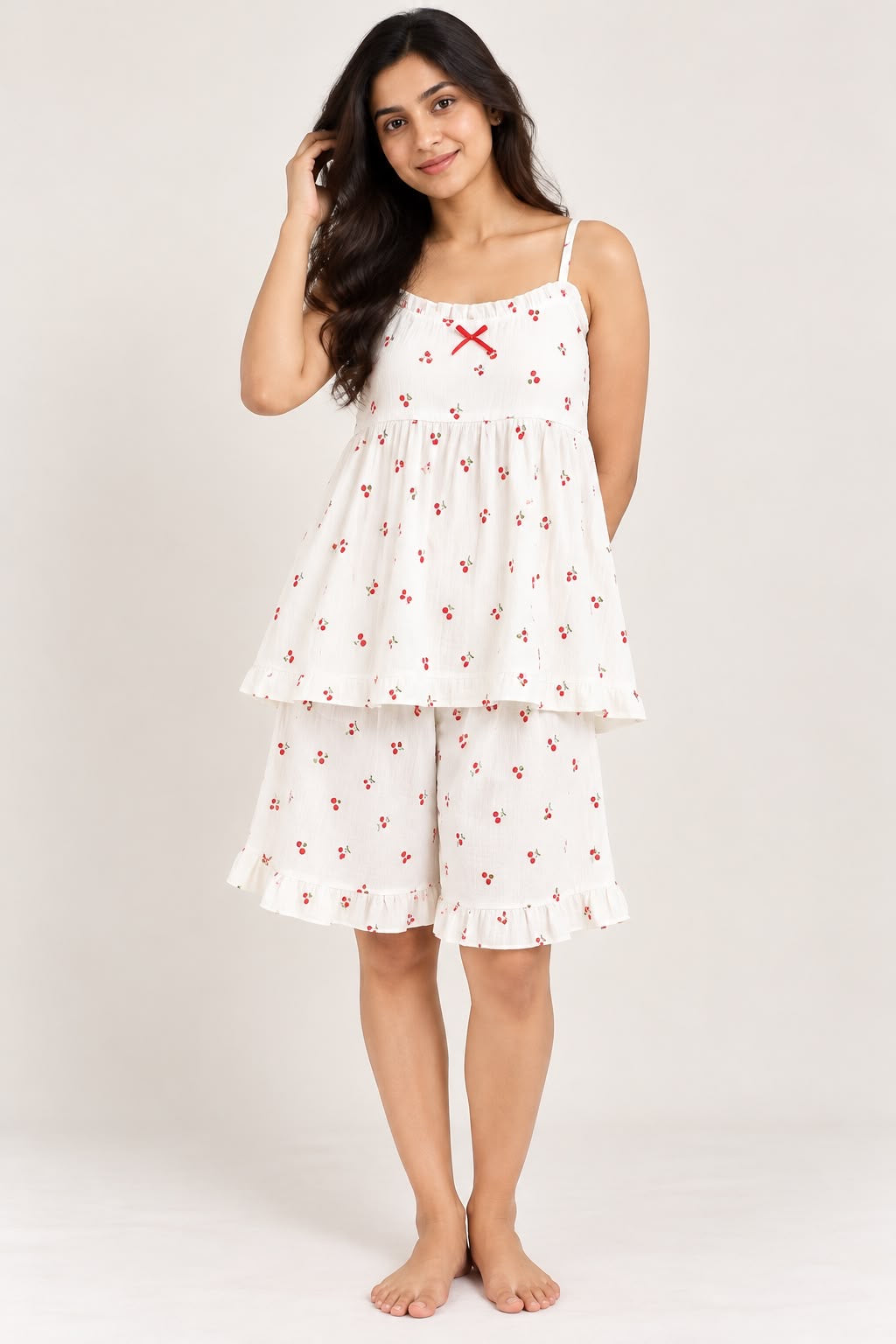White Cherry Print Night Suit