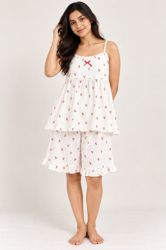 White Cherry Print Night Suit