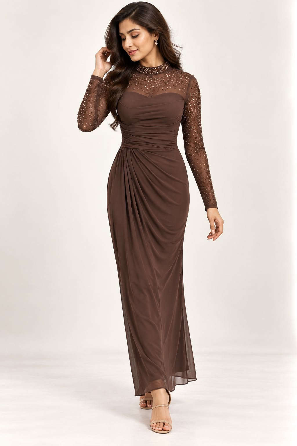 Brown Embellished Ruched Dress