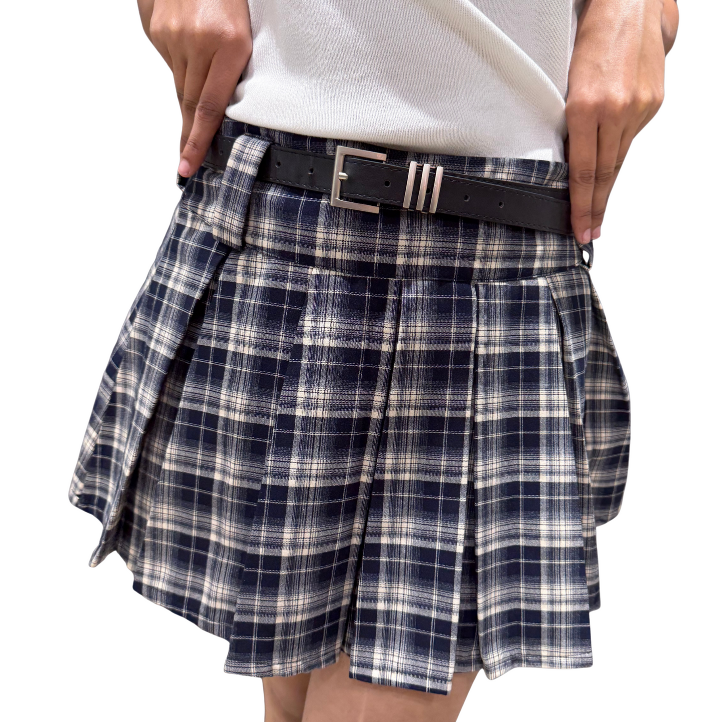 High-Waist Pleated Check Mini Skirt with Belt