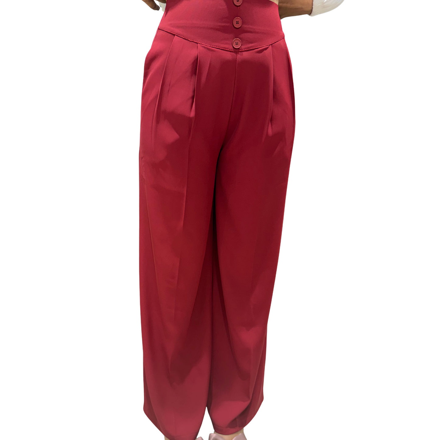 ScarletCurve™ Women’s High-Waist Button-Front Pleated Trousers – Red