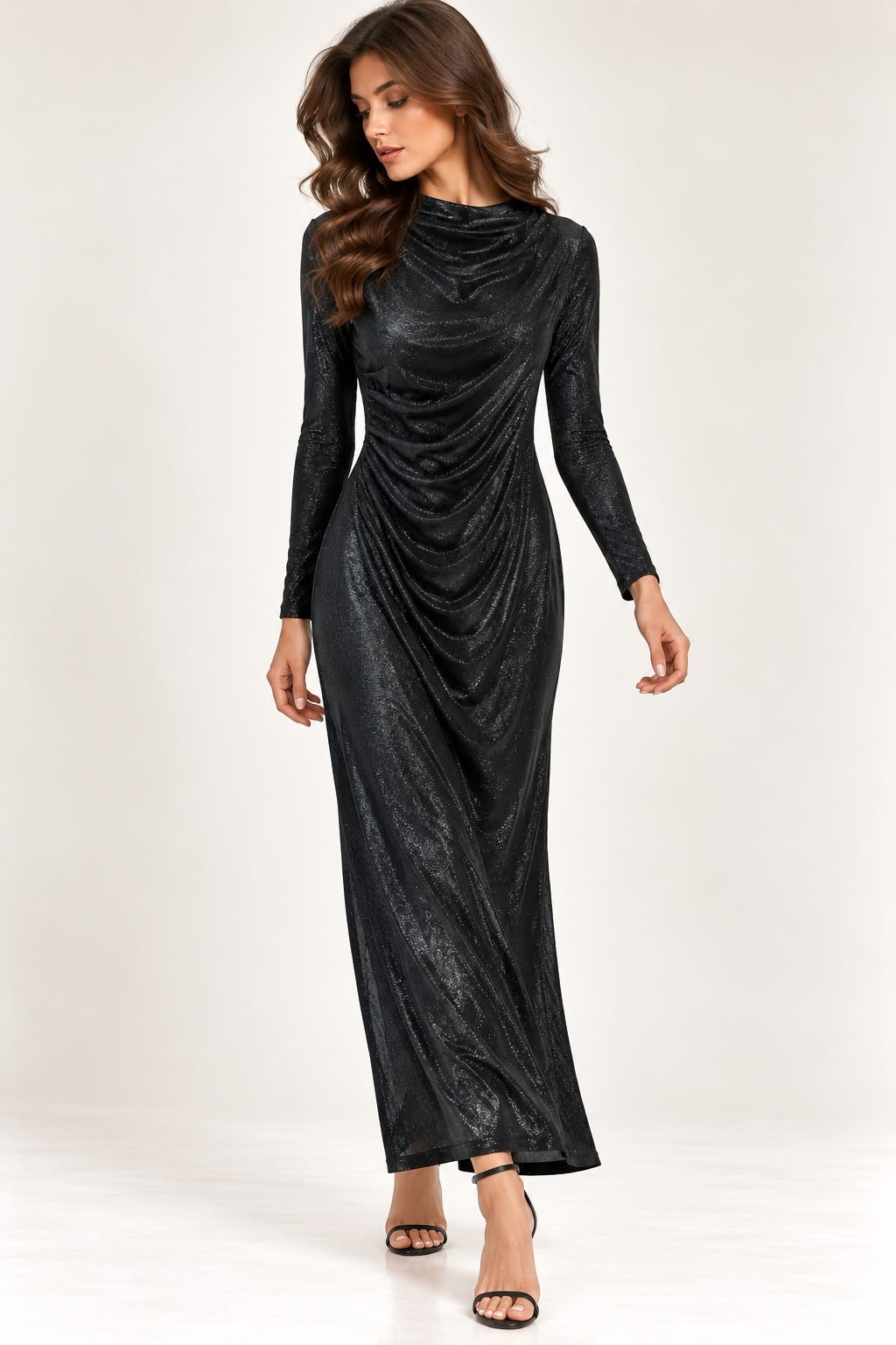 Black Shimmer Draped Maxi Dress
