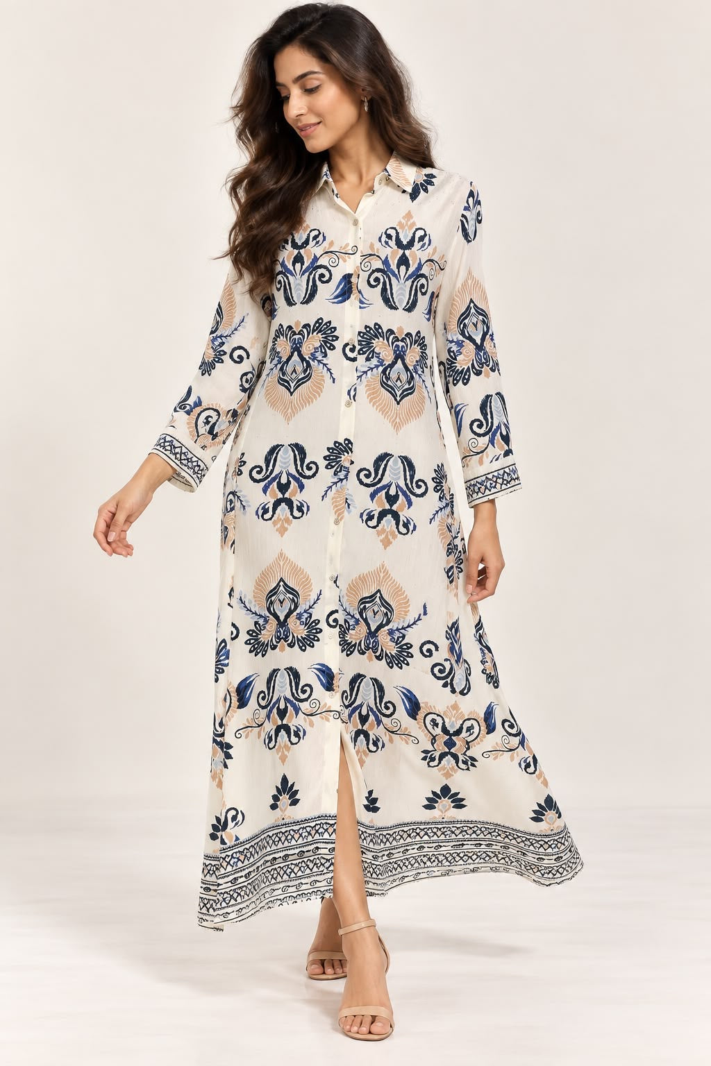 Ivory Blue Printed Shirt Dress