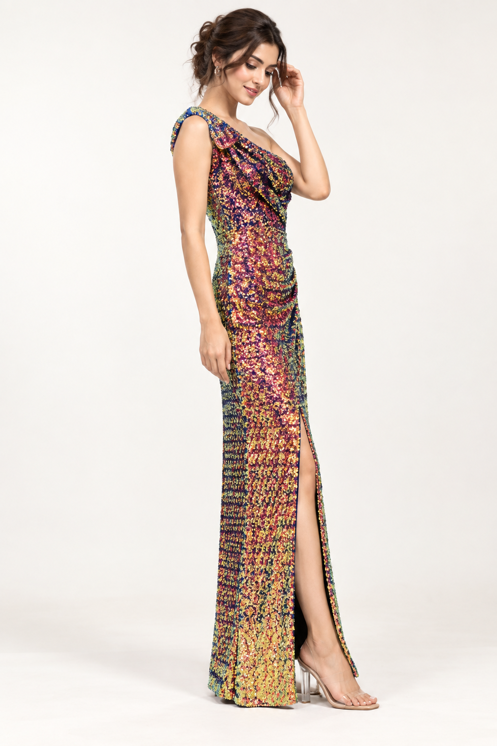 Multicolor Printed One-Shoulder Dress