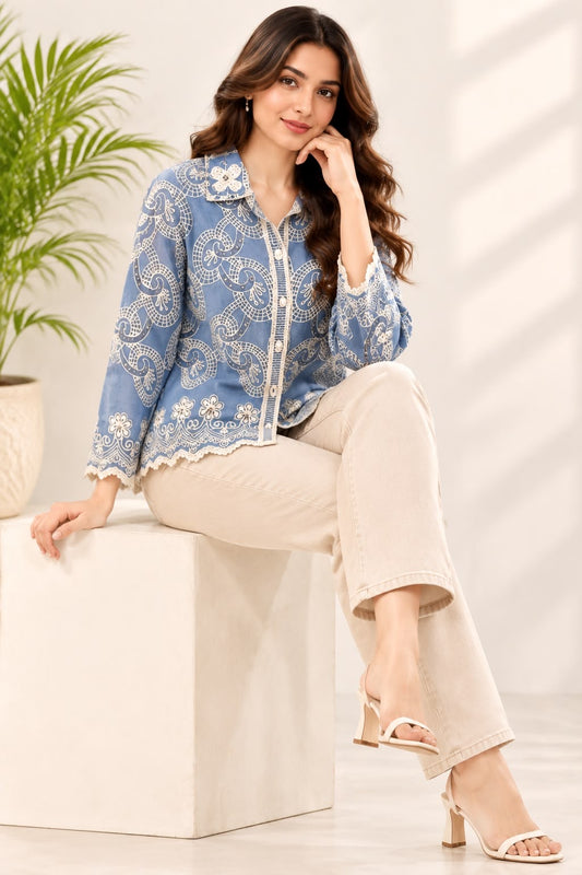 Blue Printed Shirt for Women with White Lace Detailing
