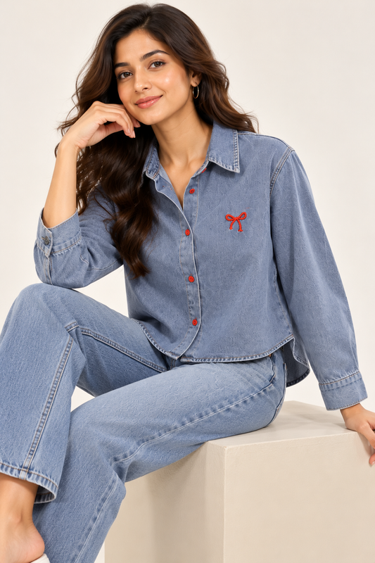 Blue Denim Crop Shirt with Red Button & Bow Detail
