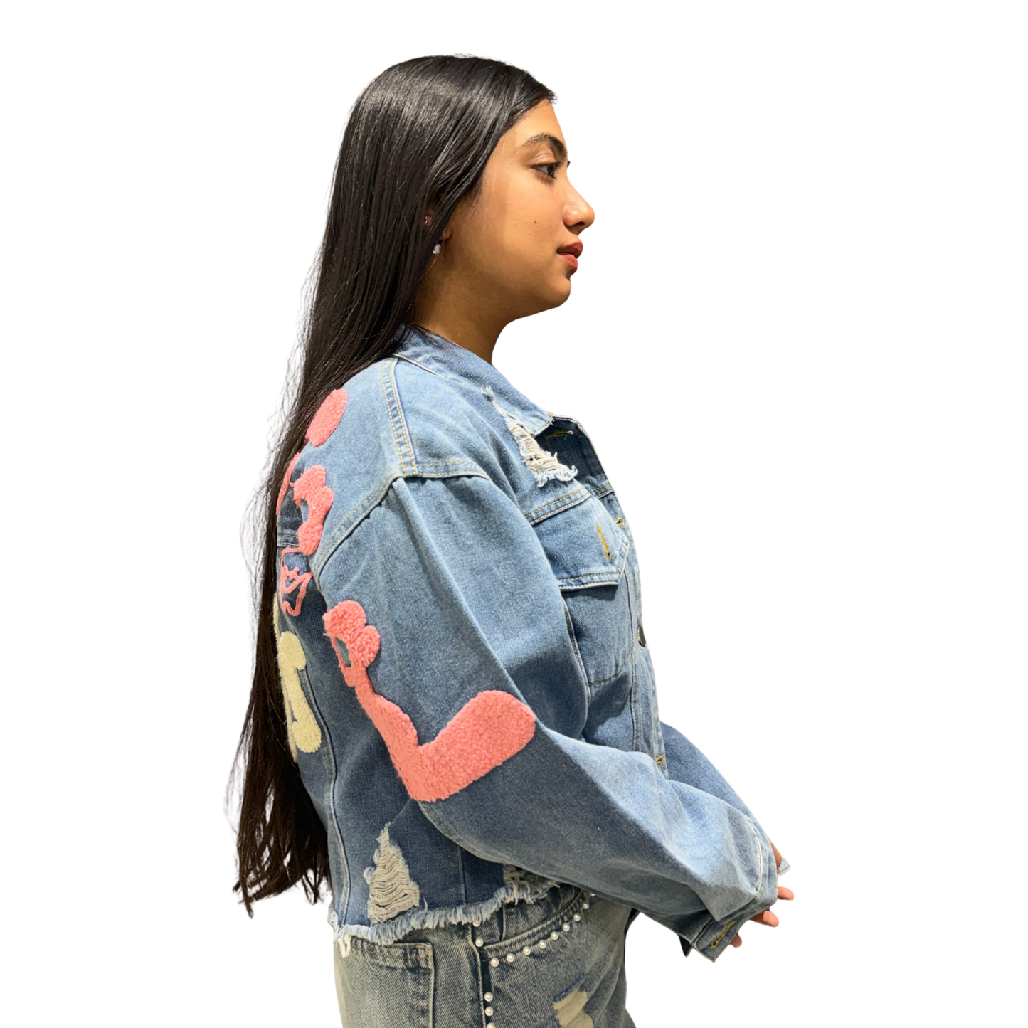 PosiVibe™ Women’s Graphic Teddy-Patch Denim Jacket – (Assorted prints)