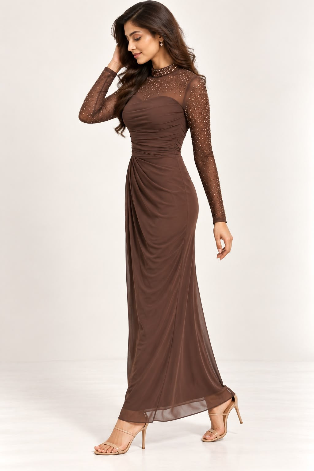 Brown Embellished Ruched Dress
