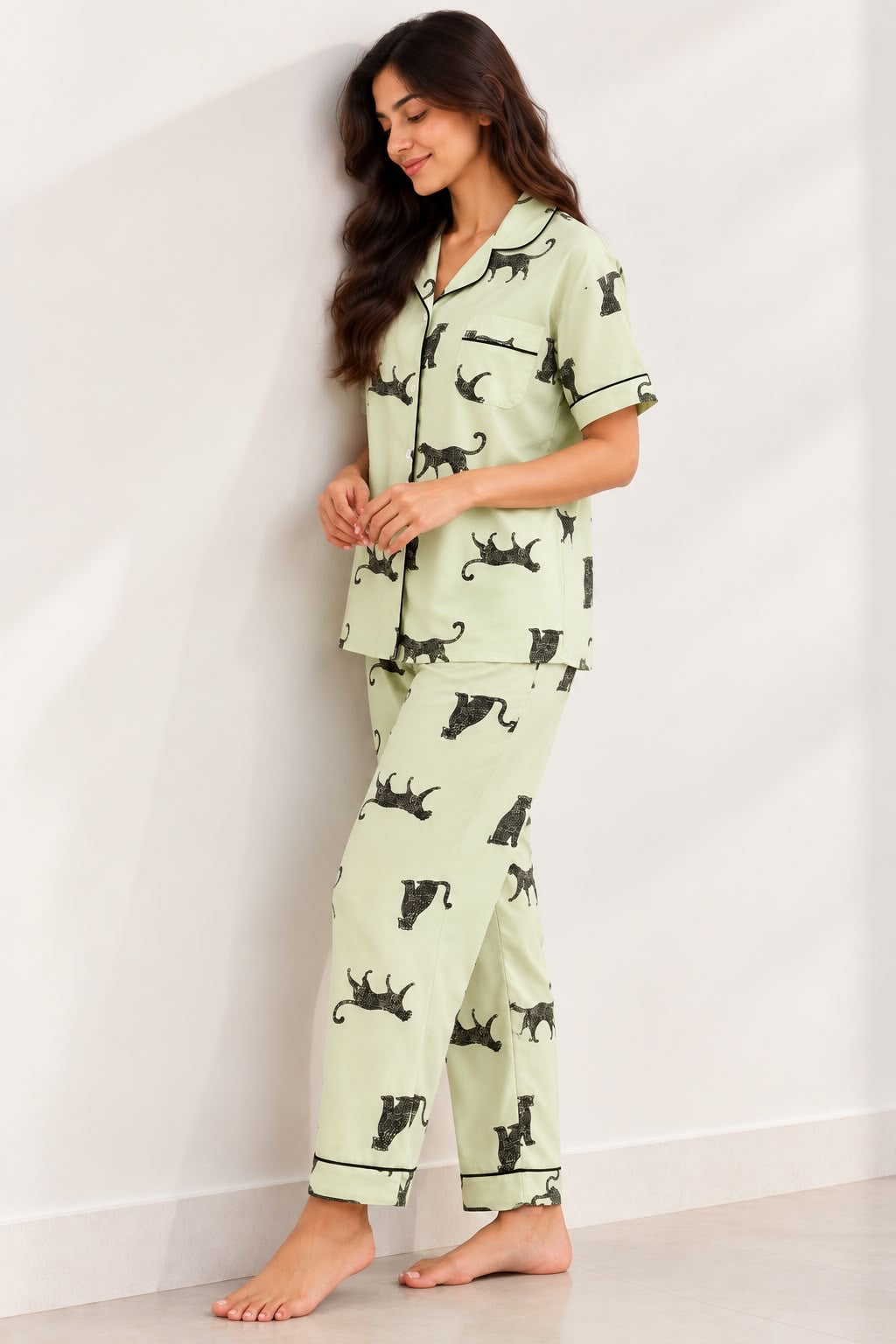 Light Green Printed Satin Night Suit Set
