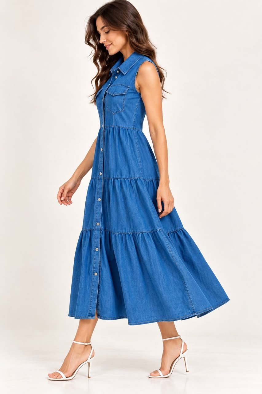 Blue Denim Tiered Shirt Dress