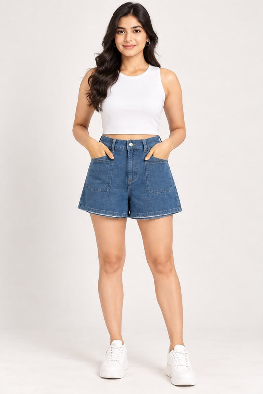 High-Rise Denim Shorts – Dark & Light Blue - The Style Story