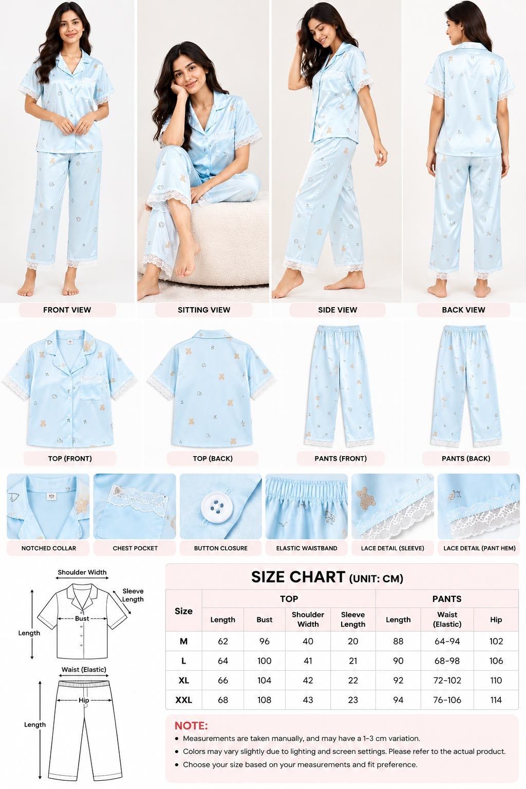 Baby Blue Satin Night Suit Set