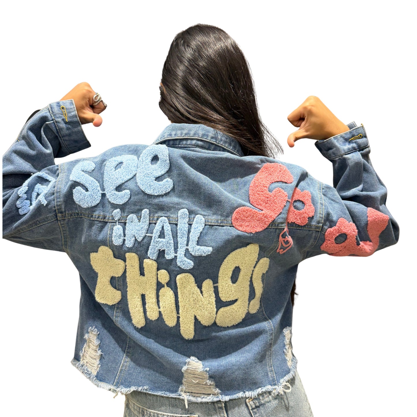 PosiVibe™ Women’s Graphic Teddy-Patch Denim Jacket – (Assorted prints)