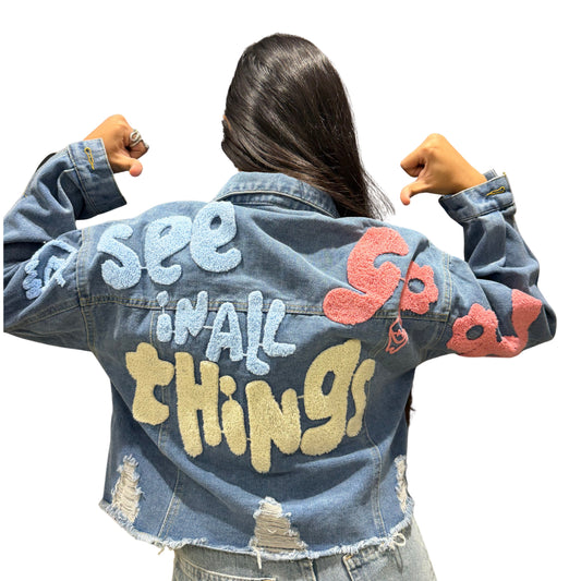 PosiVibe™ Women’s Graphic Teddy-Patch Denim Jacket – (Assorted prints)