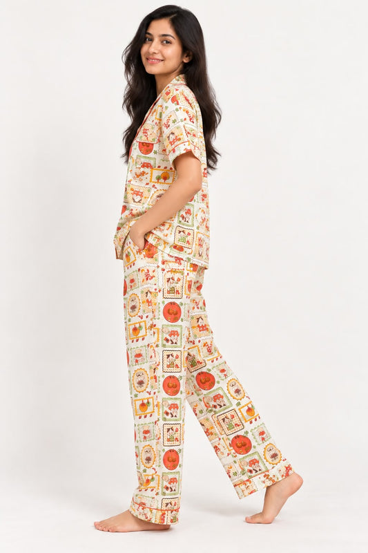 Vintage Autumn Postage-Stamp Night Suit Set