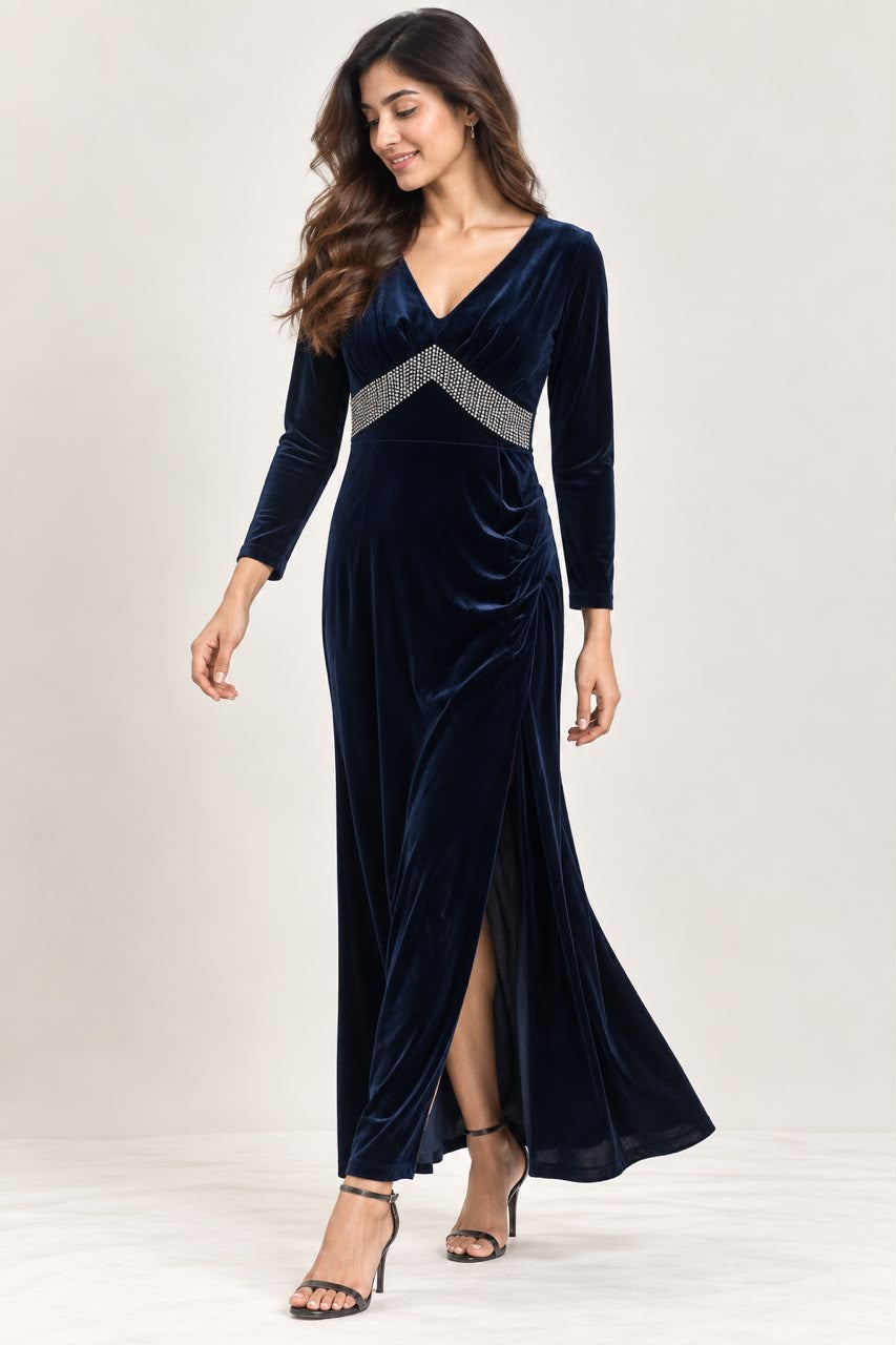 Midnight Blue Velvet Embellished Dress