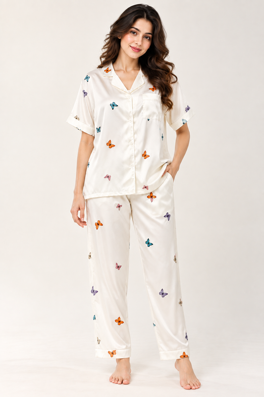 Satin Butterfly Print Night Suit