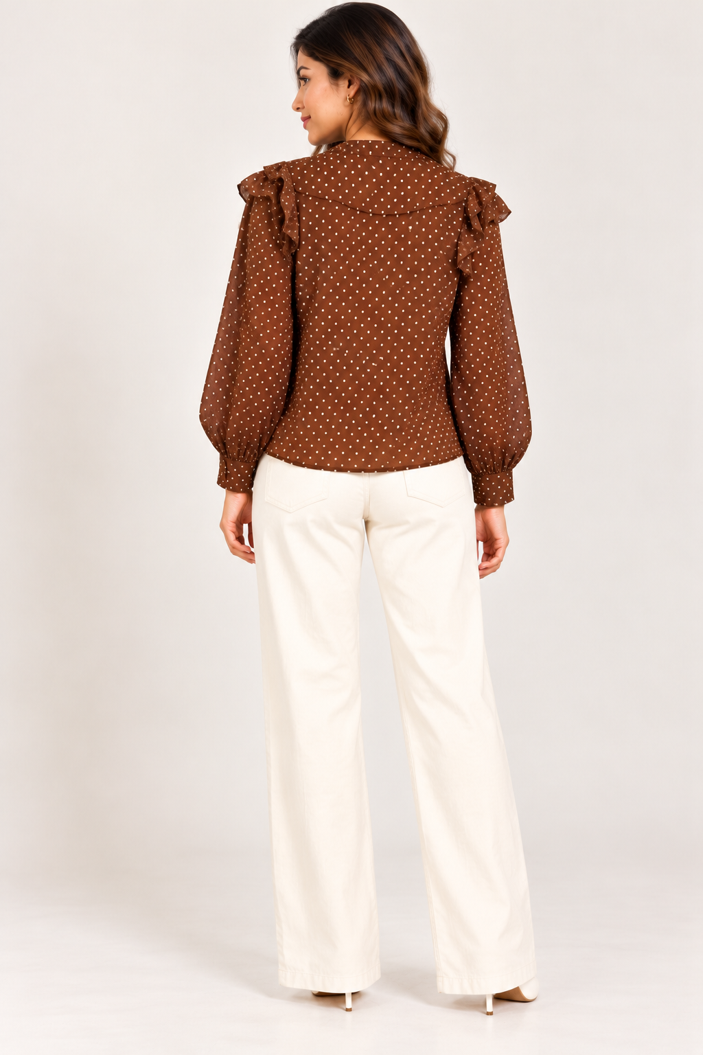 Brown Polka Dot Ruffle Shirt for Women with Tie-Neck Detail