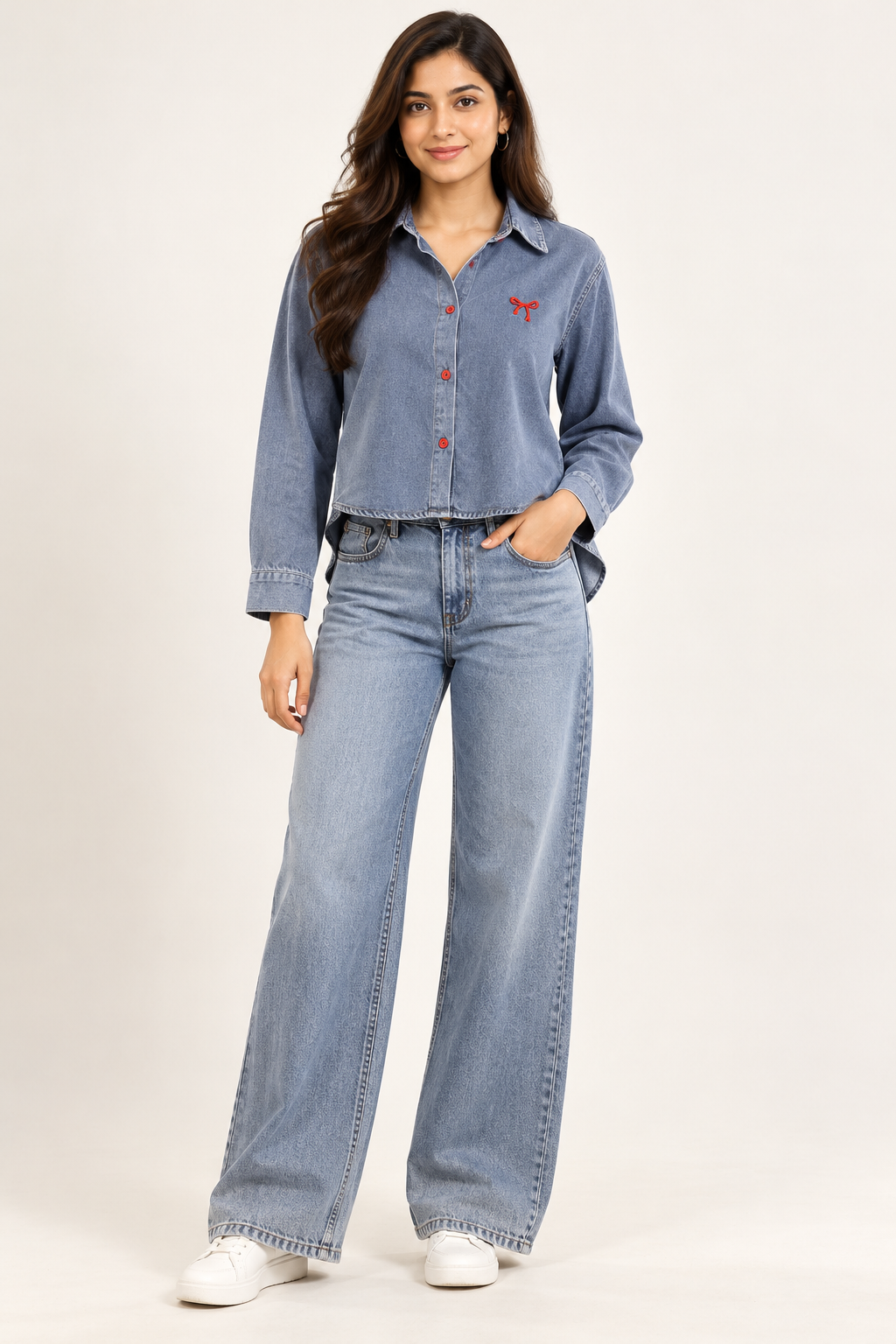 Blue Denim Crop Shirt with Red Button & Bow Detail