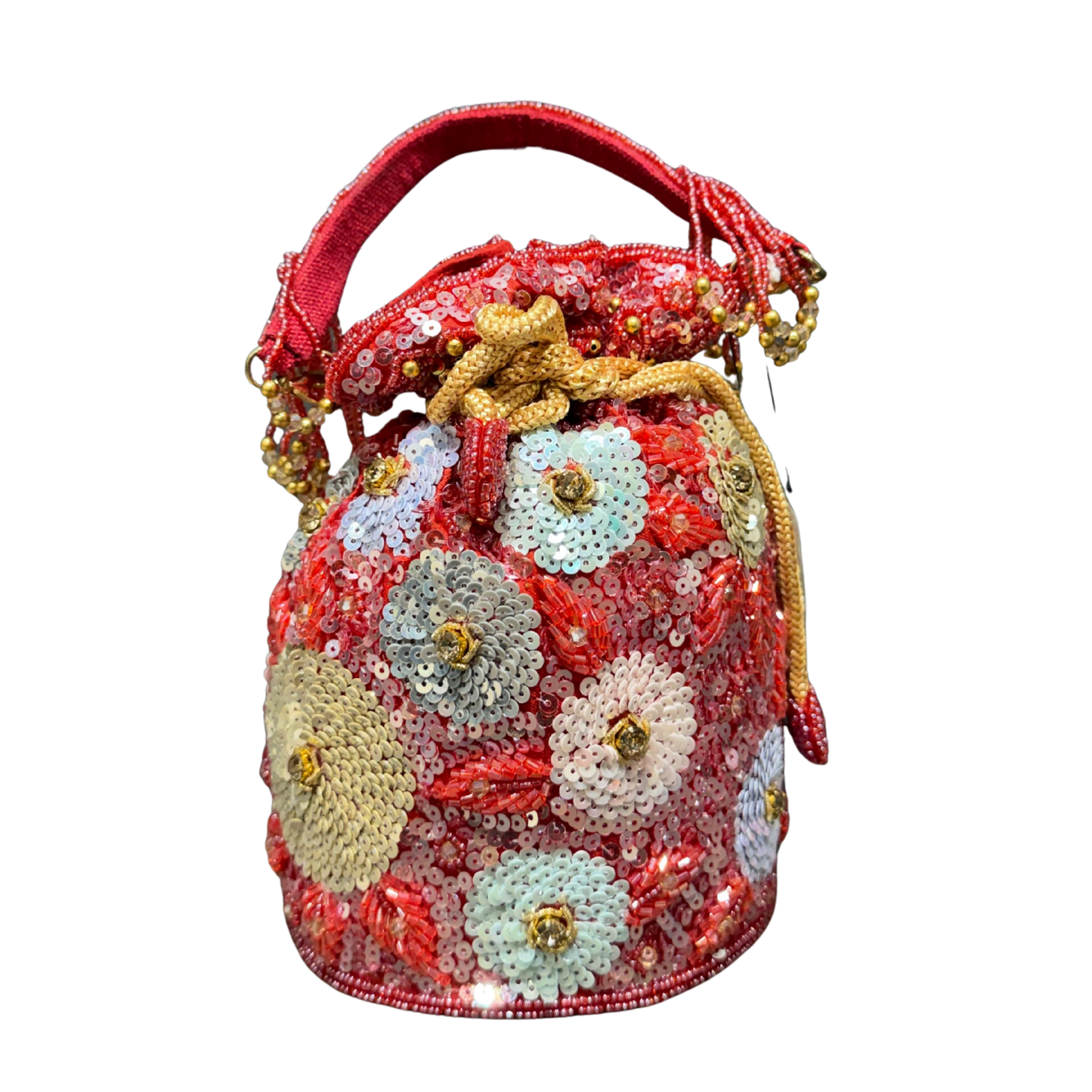 Embellished Floral Sequin Potli Bag – Red & Gold Bridal Clutch