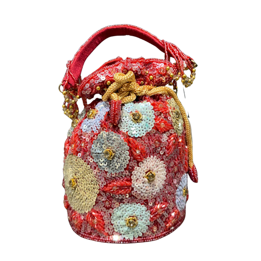 Embellished Floral Sequin Potli Bag – Red & Gold Bridal Clutch