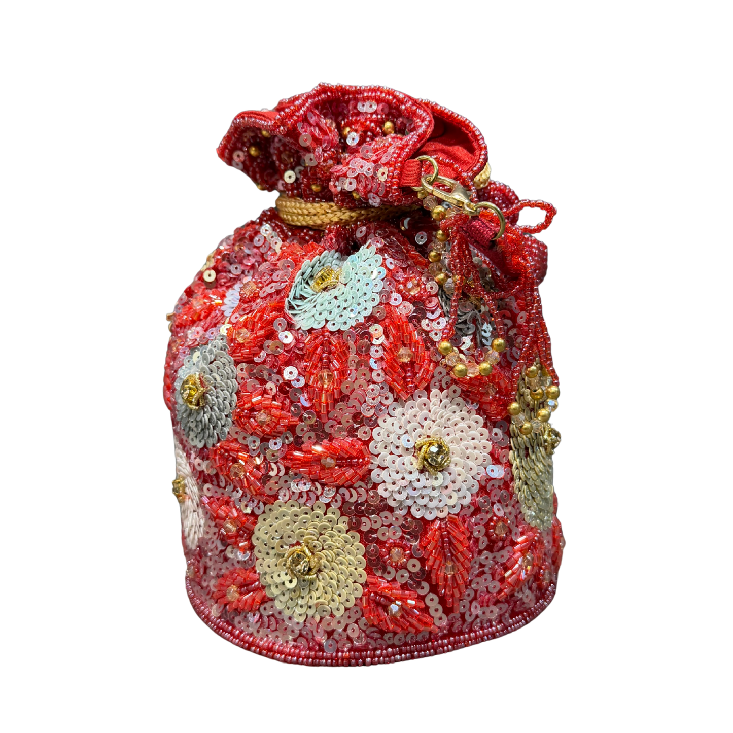 Embellished Floral Sequin Potli Bag – Red & Gold Bridal Clutch
