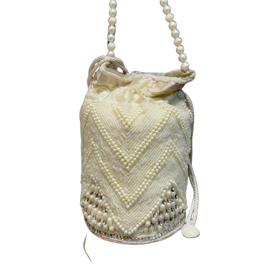 Ivory Pearl Potli Bag – Bridal Beaded Drawstring Clutch