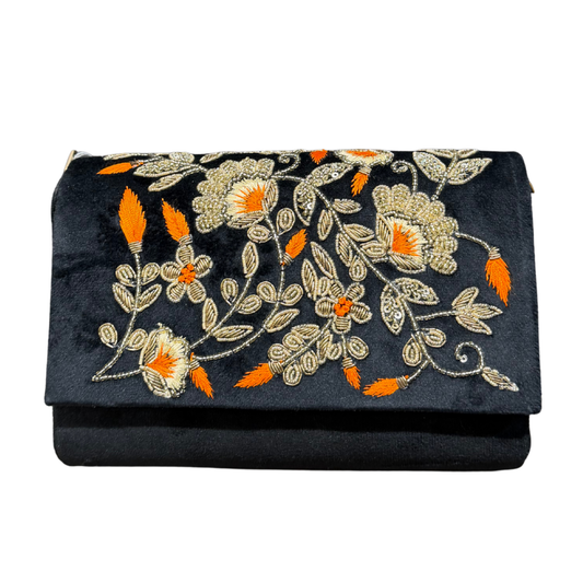 Handcrafted Velvet Floral Embroidered Clutch Bag