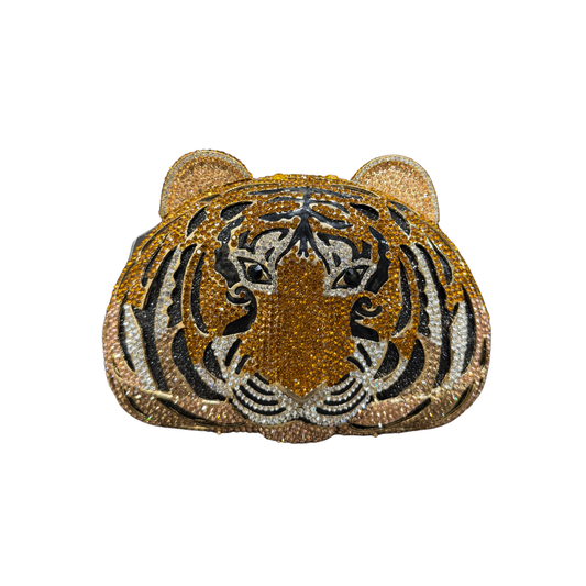 Gold Crystal Tiger Face Embellished Clutch Bag