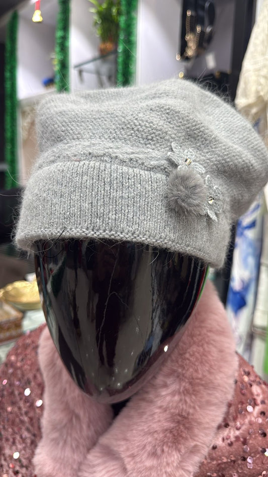 Soft Knit Winter Beanie with Floral & Pom-Pom