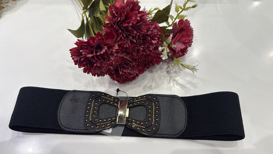 Elegant Elastic Waist Belt with Studded Double Buckle – Black