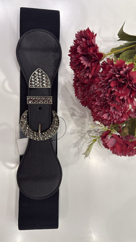 Black Elastic Waist Belt with Silver Woven Buckle