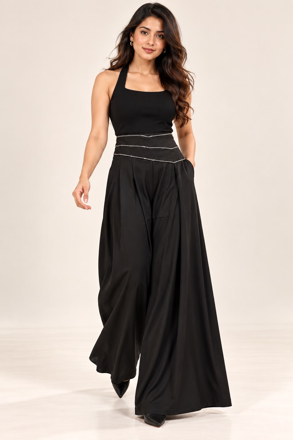 Black Wide-Leg Palazzo Trousers with Embellished Waistband