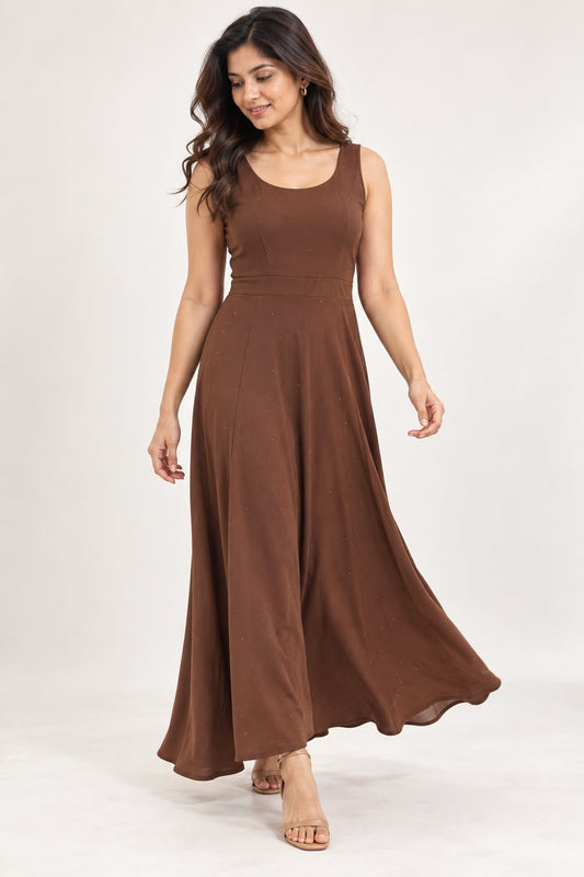 Chocolate Brown Sleeveless Flared Maxi Dress - The Style Story