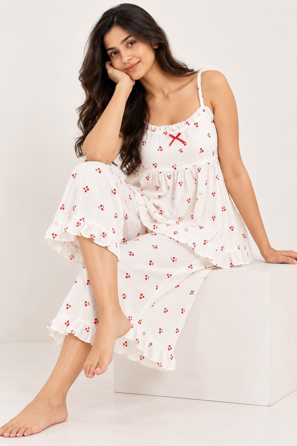 White Cherry Print Night Suit