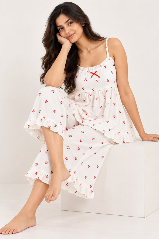 White Cherry Print Night Suit