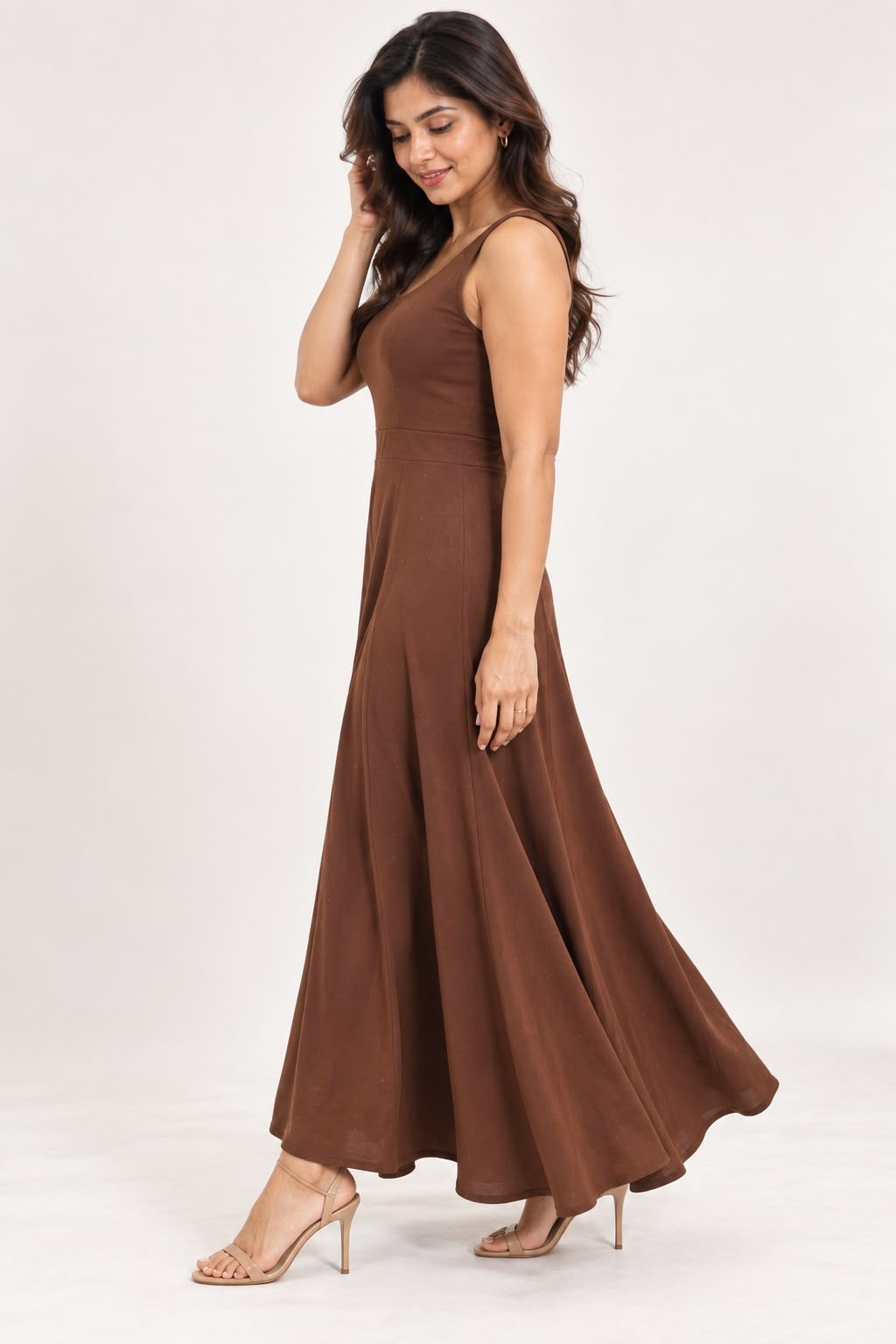 Brown Sleeveless Flared Dress